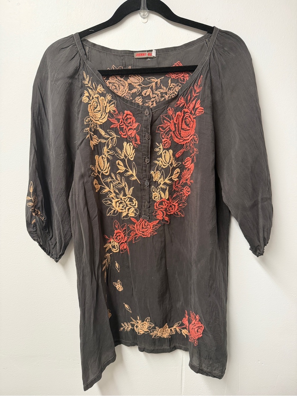 Johnny Was Black Tunic with Red & Gold Rose Embroidery